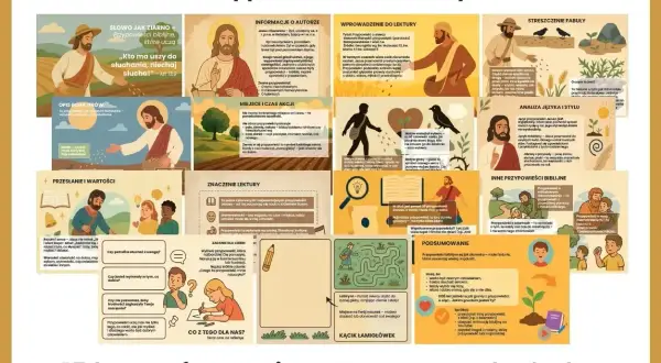 Przypowieść o siewcy: Jezus wyjaśnia, jak słowo Boże działa w sercach ludzi. Ilustracje pokazują różne rodzaje gleby i ich wpływ na wzrost ziarna.