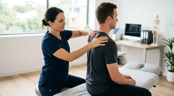 Thérapeute massant le dos d'un homme pour soulager une contracture musculaire.