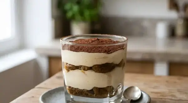Un délicieux tiramisu vanille, superposé de crème onctueuse et de biscuits savoyards, saupoudré de cacao.