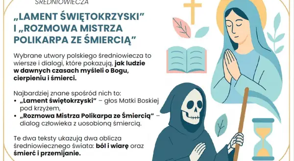 Postać Śmierci, modląca się Matka Boska, krzyż, księga i klepsydra.