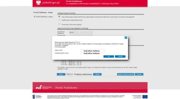 Okno dialogowe z prośbą o podanie adresu e-mail do weryfikacji dokumentu PCC-3.