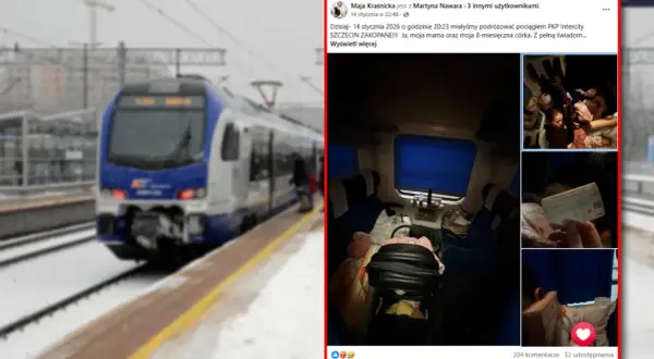 Pociąg PKP Intercity na stacji zimą. W środku bagaże i dziecko. Czekam na odpowiedź PKP ws. reklamacji.