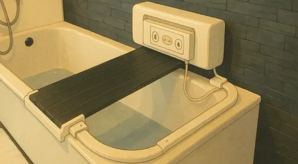 Ein schwenkbarer Badewannenlifter mit Bedienfeld, der die Krankenkasse unterstützt, erleichtert das Baden.