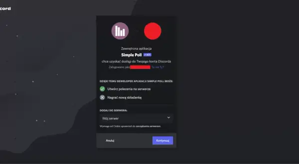 Ekran autoryzacji bota Simple Poll na Discordzie. Dowiedz się, jak zrobic ankiete na Discordzie, dodając bota do swojego serwera.