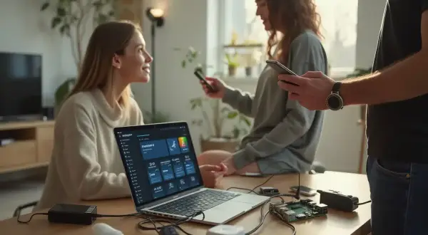 Trois personnes interagissent avec un ordinateur portable affichant une interface de domotique, possiblement pour configurer un système zigate jeedom.