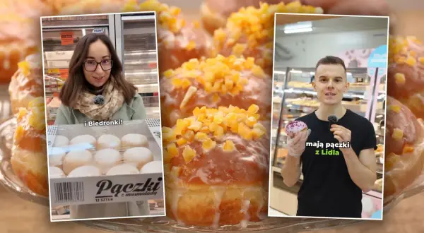 Trzy panele: kobieta z paczkami z Biedronki, zbliżenie na pączka z kandyzowaną skórką pomarańczy, mężczyzna z pączkiem z Lidla.