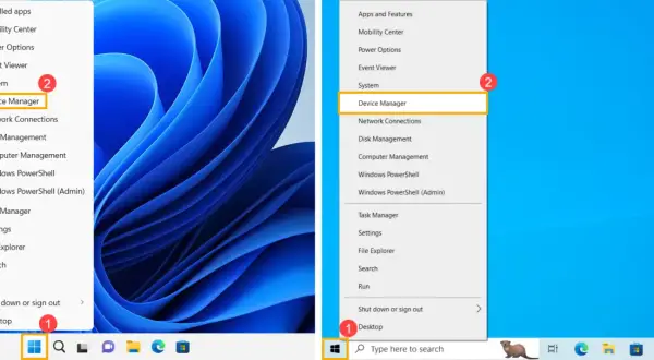 Menu kontekstowe Windows 11 z zaznaczonym "Device Manager" (Menedżer urządzeń).