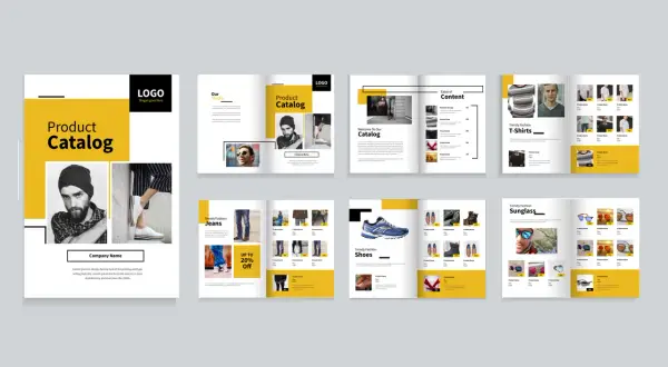 A vibrant product catalogue template showcasing fashion items like jeans, t-shirts, shoes, and sunglasses.