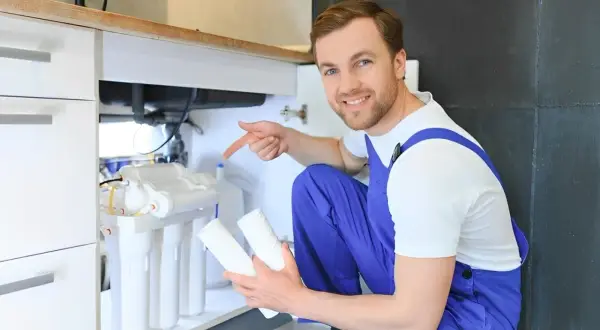 Un technicien souriant montre les cartouches pour une installation filtre à eau maison sous un évier.