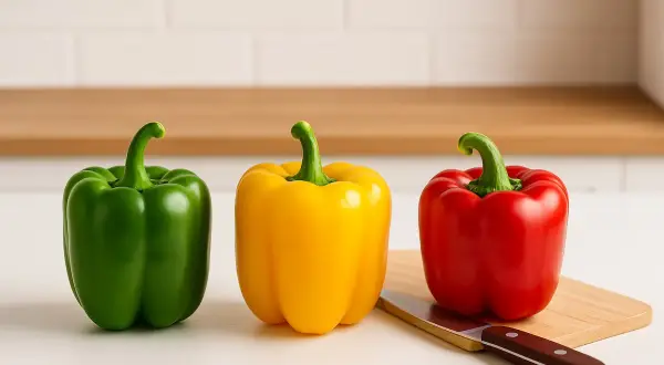 Peperoni verdi, gialli e rossi su un tagliere. Ottimi per chi controlla il peperoni indice glicemico.