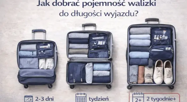 Porównanie rozmiarów walizek w litrach dla wyjazdów: 2-3 dni, tydzień, 2+ tygodnie.