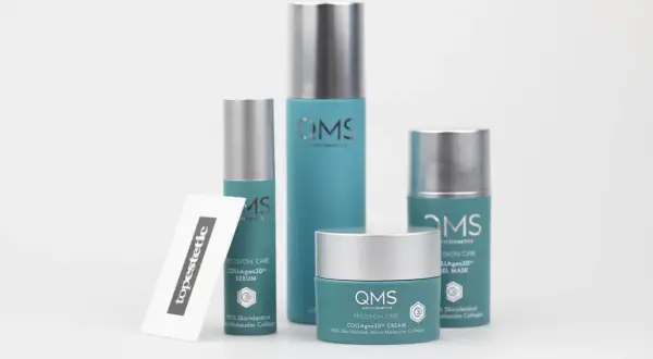 Zestaw kosmetyków QMS z serii Precision Care, w tym serum i krem z kolagenem 3D. Idealne dla skóry wymagającej regeneracji.