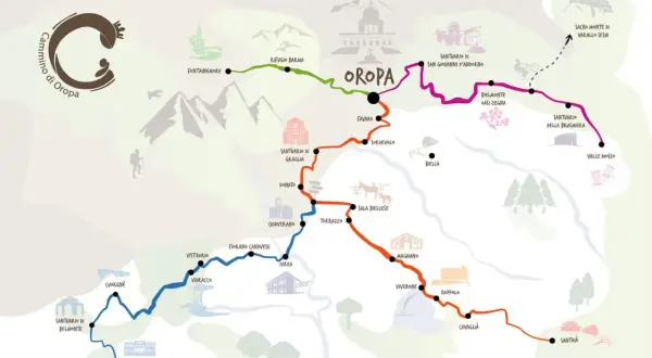 Mappa stilizzata del Cammino di Oropa, un percorso tra santuari e borghi in Italia, con sentieri colorati che attraversano montagne e valli.