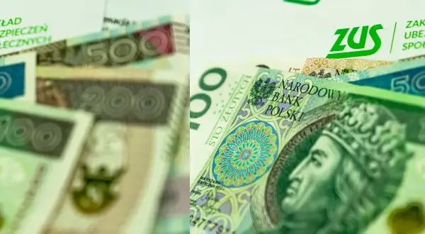 Polskie banknoty 100, 200 i 500 zł oraz logo ZUS.