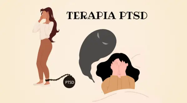Kobieta z kajdanami na nodze z napisem PTSD, symbolizującymi zespół stresu pourazowego, walczy z mrocznym cieniem.