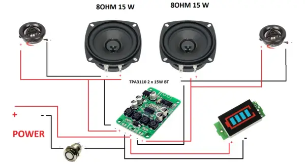 Schemat połączeń do zrobienia głośniki bluetooth: moduł TPA3110, głośniki 8Ohm 15W, przycisk i wskaźnik baterii.