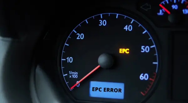 Tableau de bord d'une voiture avec le voyant EPC allumé, indiquant une erreur. Le compteur affiche "EPC ERROR".