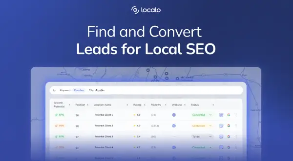 Interfaz de software para optimizar cómo hacer SEO local, mostrando clientes potenciales para "fontanero" en Austin, con su potencial de crecimiento y estado.