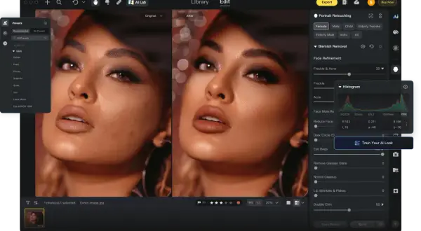 Edycja portretu w Luminar Neo: porównanie przed i po, z opcjami retuszu twarzy i usuwania niedoskonałości.