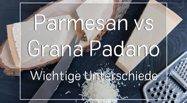 Parmesan und Grana Padano Käse mit Messer, Reibe und geriebenem Käse.