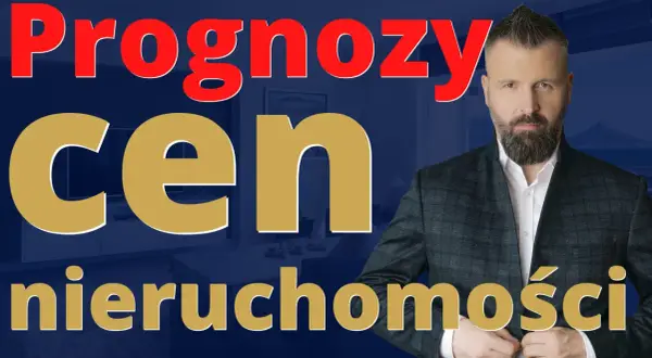 Mężczyzna w garniturze na tle tekstu "Prognozy cen nieruchomości".