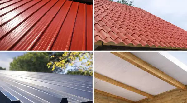 Techos de casas con panel sándwich: rojo acanalado, teja roja, gris metálico y blanco interior con vigas de madera.