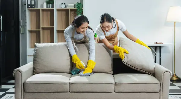 Dos mujeres con guantes amarillos limpian un sofá beige. Una rocía limpiador y frota con un paño, la otra levanta un cojín.