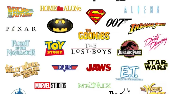 A collage of famous movie logos, including Harry Potter, Rocky, Star Wars, and The Godfather.
