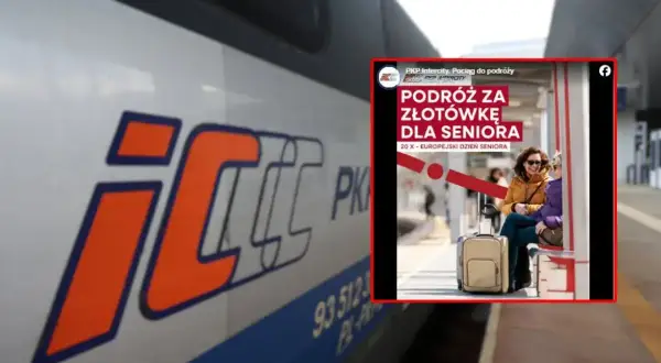 Dwie seniorki z walizkami czekają na pociąg PKP Intercity. Promocja "Podróż za złotówkę dla seniora" zachęca do wyjazdów, np. do Warszawy.