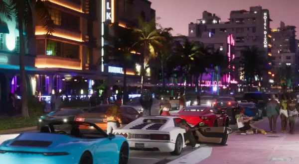 Nocne miasto w stylu Miami, pełne neonów i palm. Widać luksusowe samochody i ludzi, zapowiada się ekscytujący gta 6 gameplay.
