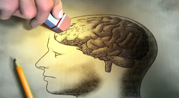Un borrador elimina parte de un cerebro dibujado, sugiriendo la memoria selectiva. Un lápiz descansa cerca.