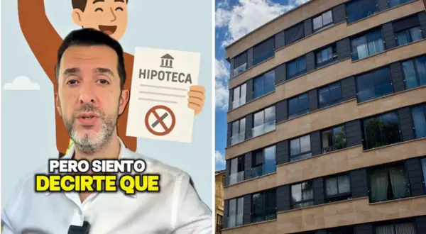 Hombre muestra un documento de hipoteca tachado, mientras un edificio moderno se alza. Pago hipoteca pero no soy propietario.