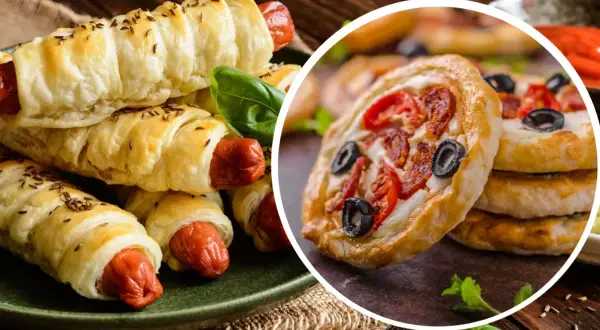 Pyszne przekąski z ciasta francuskiego: parówki w cieście i mini pizze z pomidorkami i oliwkami.