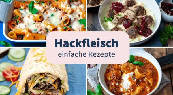 Vier leckere Hackfleisch Gerichte: Nudelauflauf, Hackbällchen mit Kartoffelpüree, Wrap und Nudelpfanne.