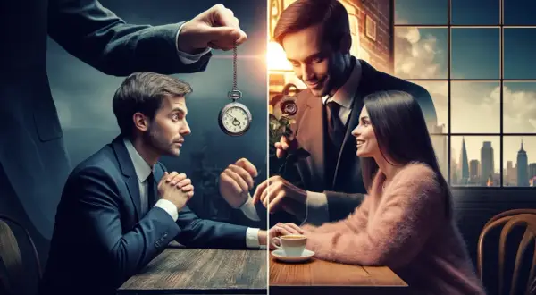Un uomo ipnotizzato da un orologio, poi un altro uomo offre una rosa a una donna sorridente. Come diventare uno specchio.