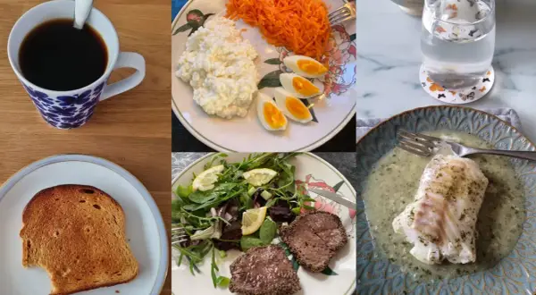 Frukost med kaffe, ägg, keso och rivna morötter. Lunch med biff och sallad. Middag med fisk. En hälsosam måltid enligt rikshospitalets diet.