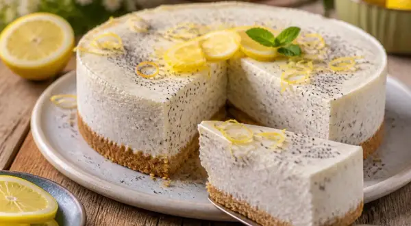 Köstlicher Kuchen ohne Backen mit Zitronen-Mohn-Geschmack, garniert mit frischen Zitronenscheiben und Minze.