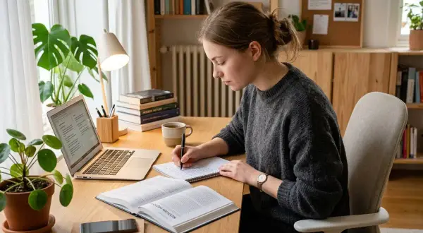 Junge Frau lernt konzentriert am Schreibtisch, um ihre Konzentration zu steigern. Laptop, Bücher und Pflanzen schaffen eine ruhige Lernatmosphäre.