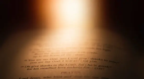 Otwarta Biblia, światło pada na tekst: "łaską jesteśmy zbawieni". Wersety Psalmów i modlitwa.
