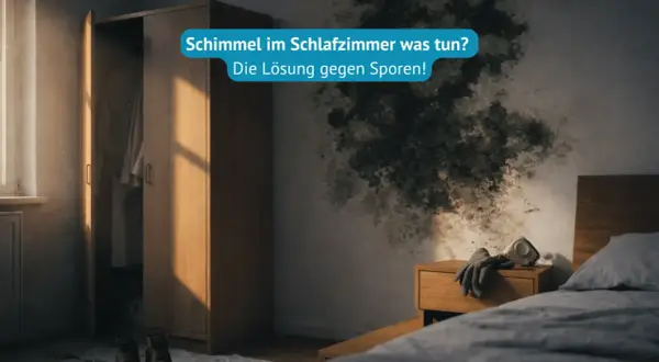 Schimmel im Schlafzimmer: Symptome und Lösungen. Dunkle Flecken an der Wand, ein Kleiderschrank und ein Bett.