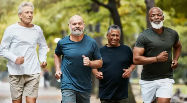 Quatre hommes d'âge mûr profitent d'une course matinale dans un parc, démontrant une excellente motricité adulte.