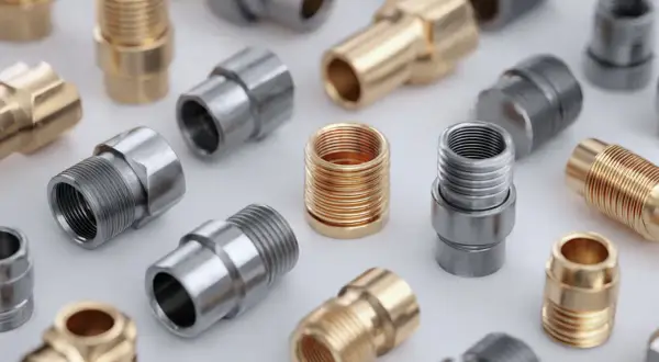 Różnorodne metalowe złączki hydrauliczne, niektóre skręcane, inne zaciskane, w kolorze złotym i srebrnym.