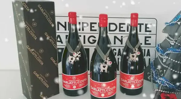 Tre bottiglie di birra Garlatti.Costa con decorazioni natalizie, una scatola e un albero di Natale sullo sfondo.