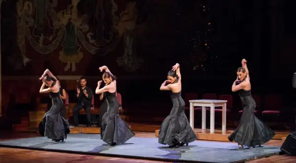 Cuatro bailarinas de flamenco, con vestidos negros voluminosos, ejecutan pasos apasionados. Un hombre aplaude al fondo.