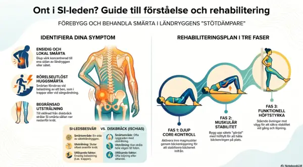 Ont i SI-leden? Bilden visar symtom, jämförelse med diskbråck och en rehabiliteringsplan i tre faser för att hantera smärta i ländryggen.