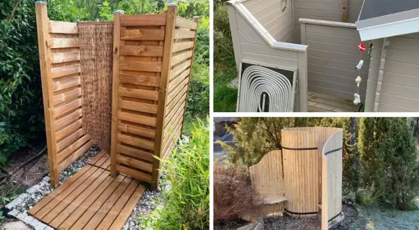 Härlig utedusch inspiration med träkonstruktioner och en modern variant med värmeslingor. Perfekt för sommarhuset!