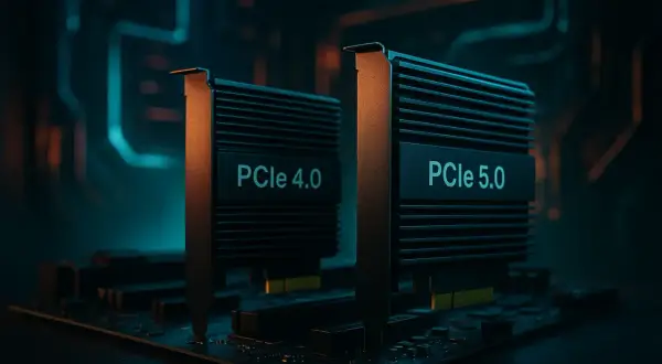 Zwei PCIe-Karten, PCIe 4.0 und PCIe 5.0, stehen nebeneinander auf einer Platine. Die neuere PCIe 5.0-Technologie verspricht höhere Geschwindigkeiten.
