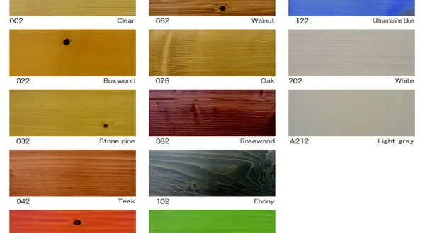 Échantillons de bois teints : du clair au teck, en passant par le bleu outremer et le vert vif. Chaque teinte lasure bois révèle la beauté naturelle du bois.