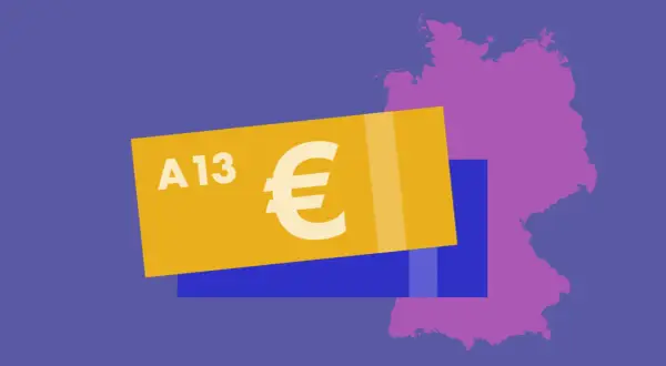 Geldschein mit "A13" und Euro-Symbol vor Deutschlandkarte. Symbolisiert die Besoldung Lehrer.
