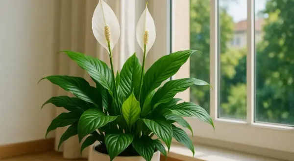 Une plante d'intérieur avec deux élégantes fleurs blanches, comme une fleur de lune, se dresse près d'une fenêtre lumineuse.